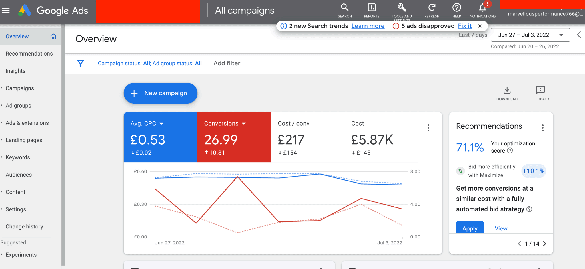 Google Ads account overview charting conversions and cost per click across the scaling period.
