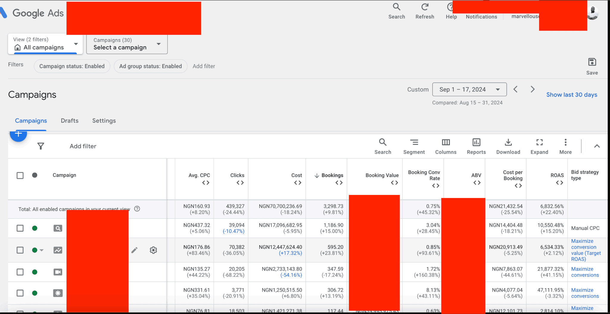 Google Ads campaign table showing conversion value against cost across Search, YouTube and Performance Max.