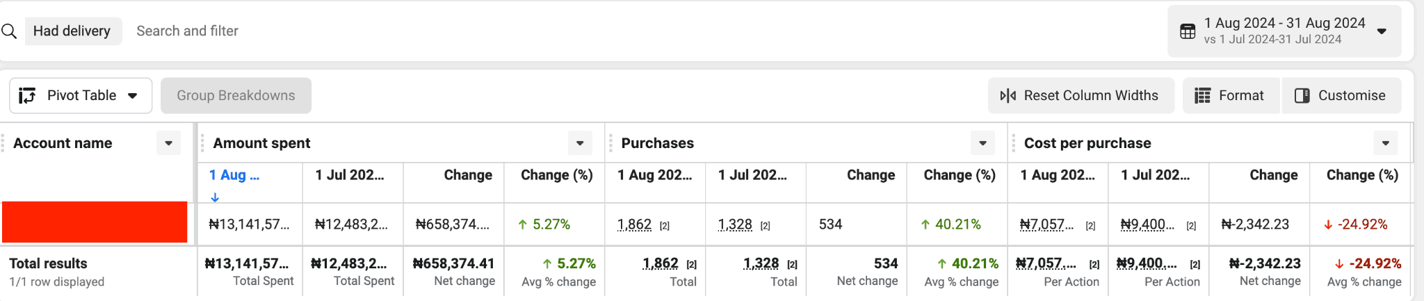Meta Ads reporting for the retargeting campaigns, showing purchases and cost per purchase before and after.